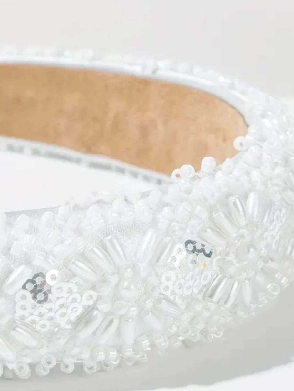 White Headband Hand Sewn Rice Beads Sequins